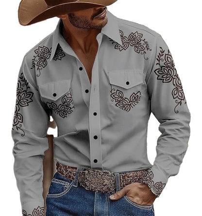 Stylish mens western 3D printed shirt featuring detailed floral patterns and a button-up design