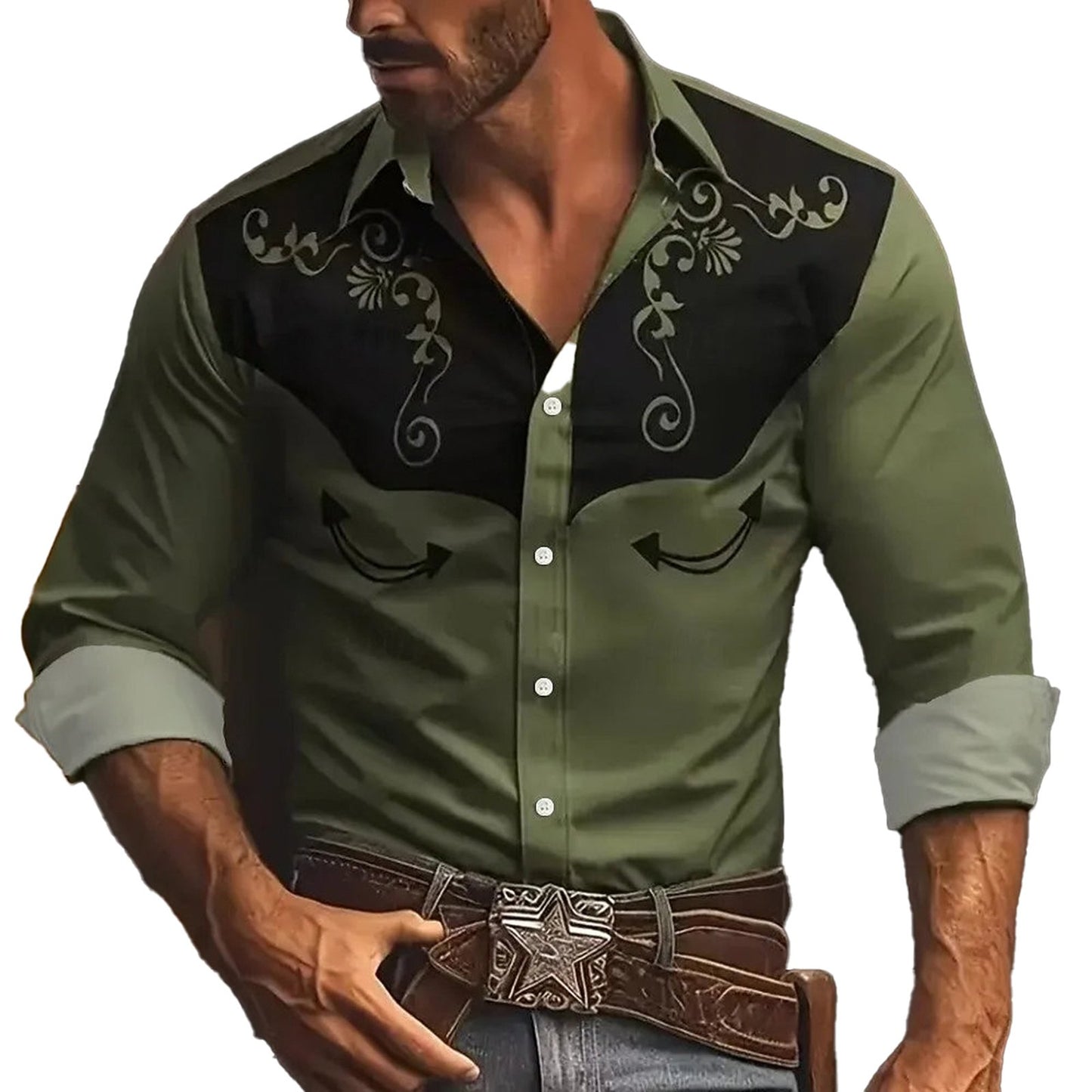 Stylish mens western 3D printed shirt featuring intricate designs and a modern fit
