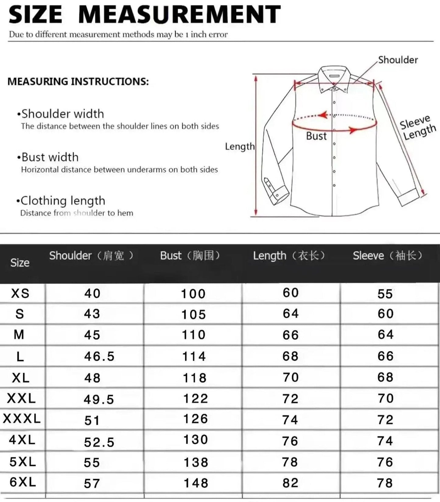 Size measurement chart for men's western 3D printed shirt with detailed dimensions for various sizes