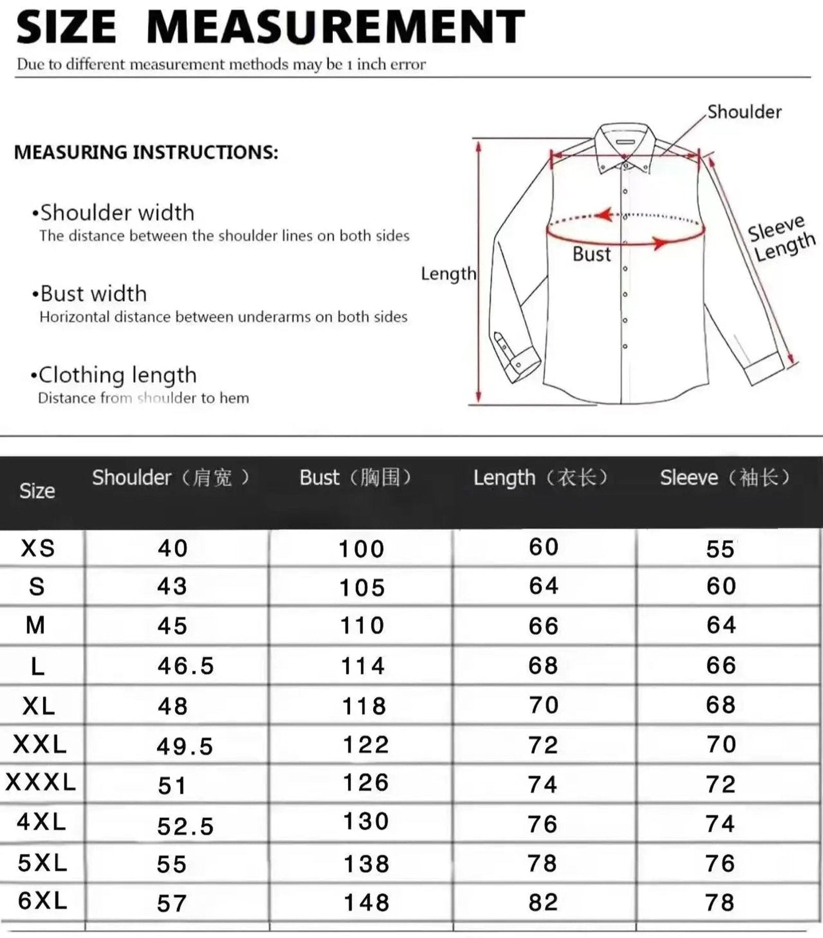 Size measurement chart for men's western 3D printed shirt with detailed dimensions for various sizes