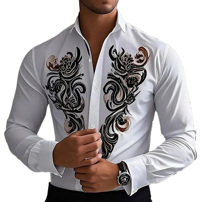 LuckeLadybug LLC Men's Western 3D printed shirt with intricate black and brown designs on a white background