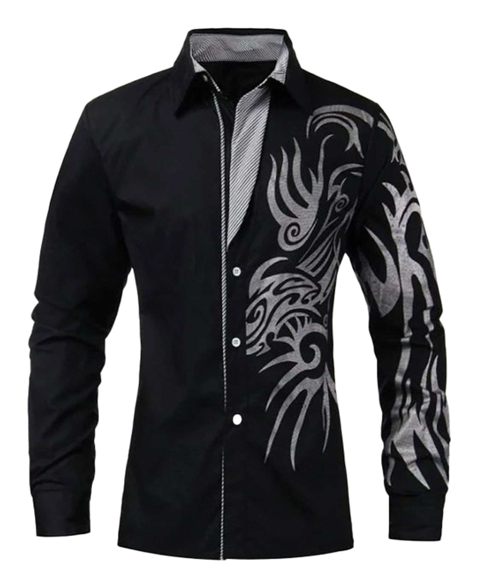 LuckeLadybug men's western cowboy shirt in black with silver tribal design on the sleeve
