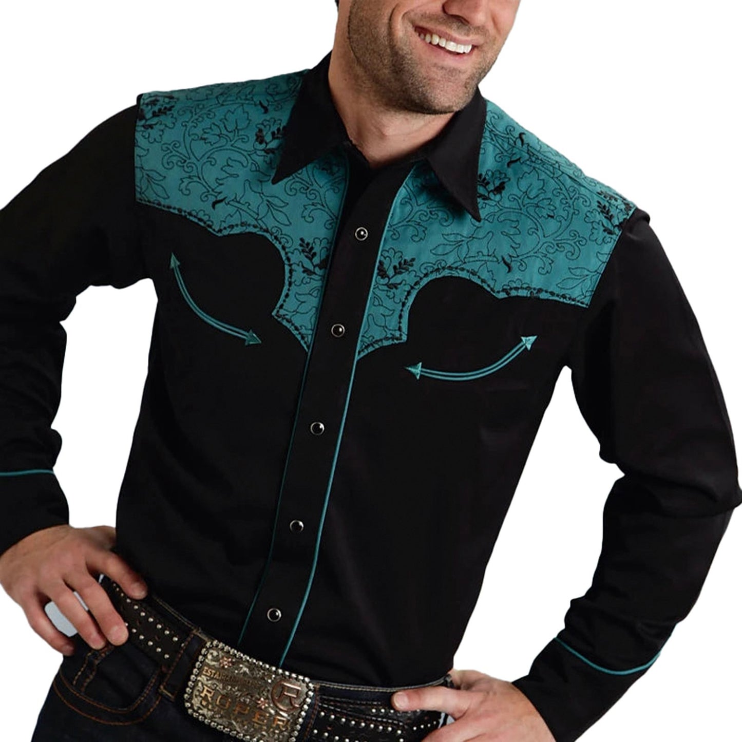 Men's western cowboy shirt in black with turquoise embroidered details and snap button closure