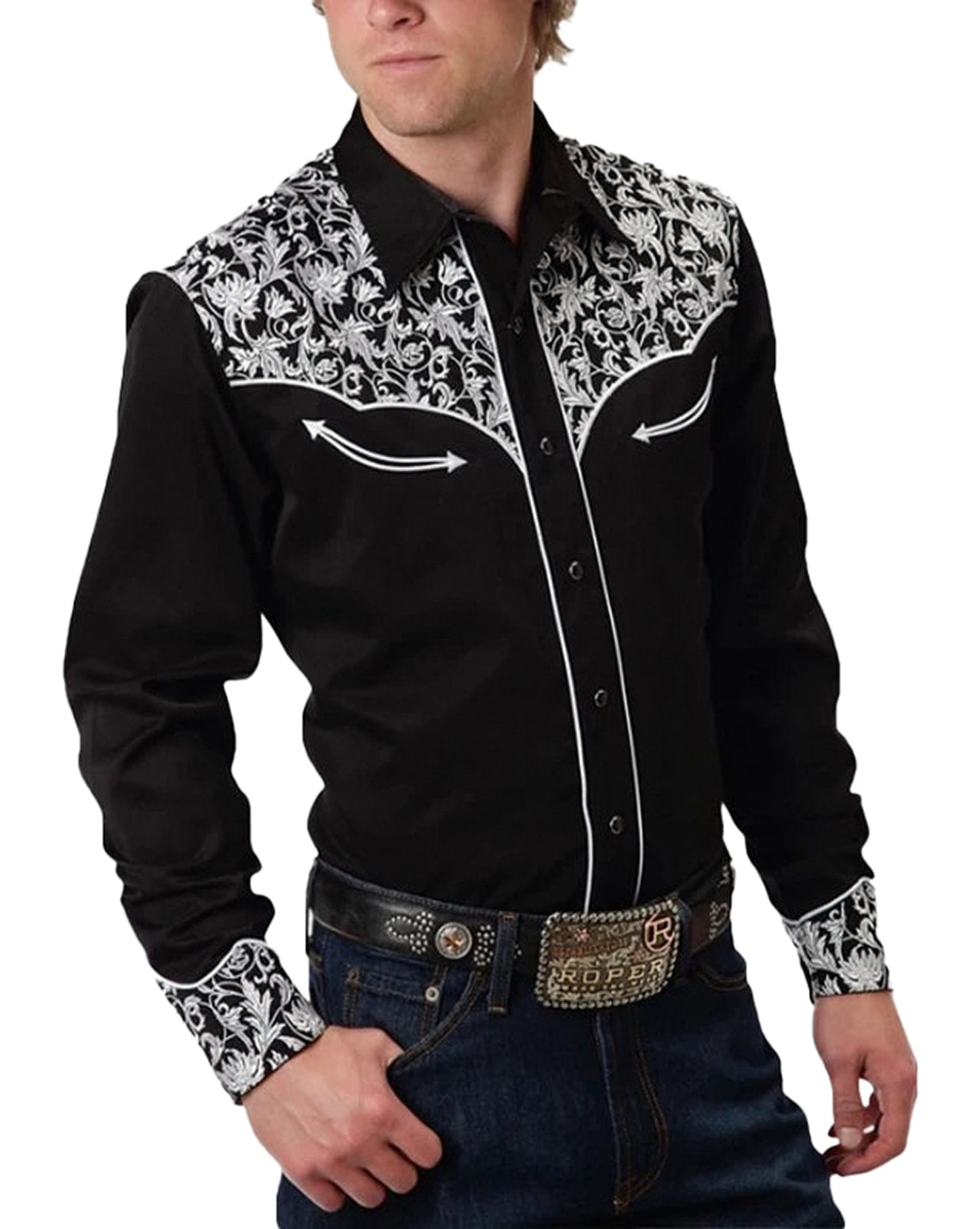 Men's western cowboy shirt in black with white floral embroidery and decorative buttons