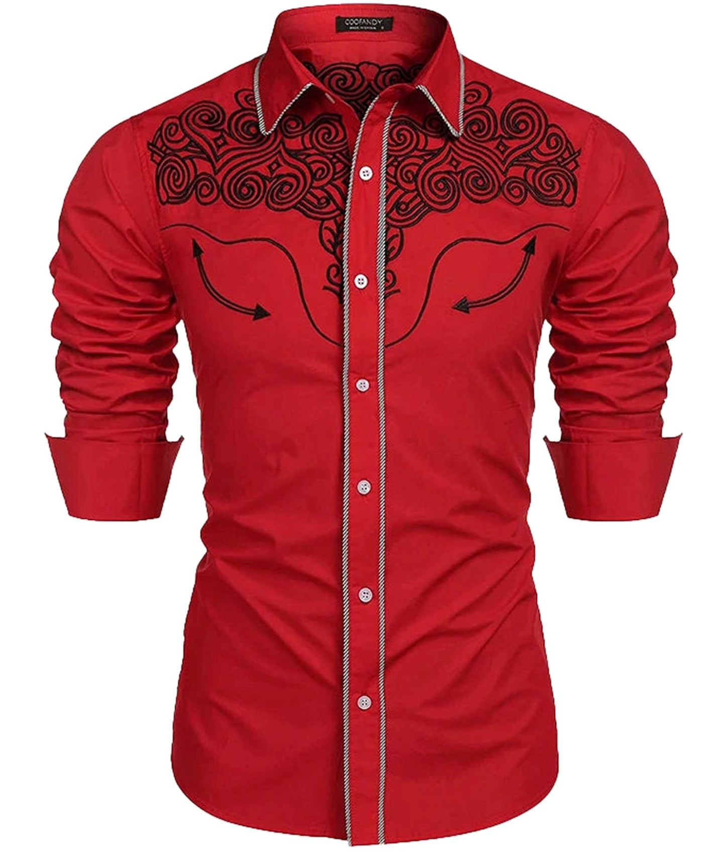 Red men's western cowboy shirt featuring intricate black embroidered design and stylish button-up front