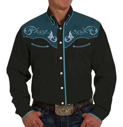 LuckeLadybug LLC men's western denim shirt with decorative embroidery and snap buttons