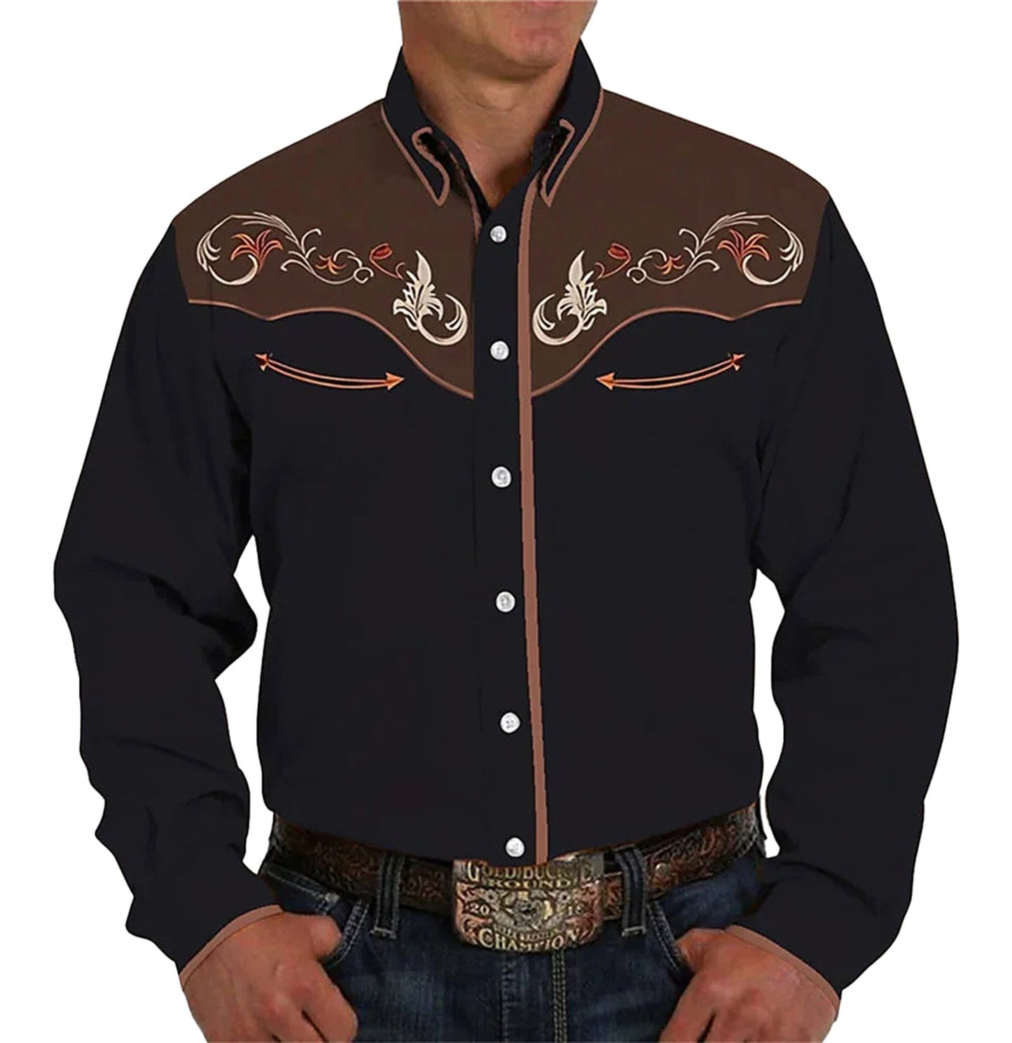 Men's western denim shirt with intricate embroidery and snap buttons for a stylish cowboy look