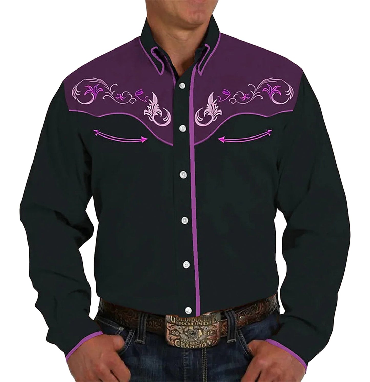 Men's western denim shirt with purple embroidery and decorative design for stylish country wear