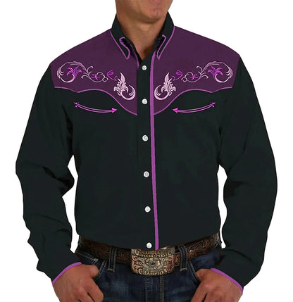 Men's western denim shirt with purple embroidery and decorative design for stylish country wear