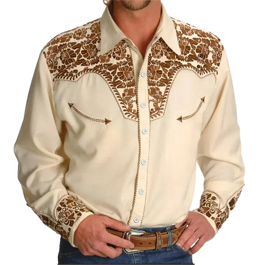 Men's western denim shirt with floral embroidery and pearl snap buttons for a stylish cowboy look