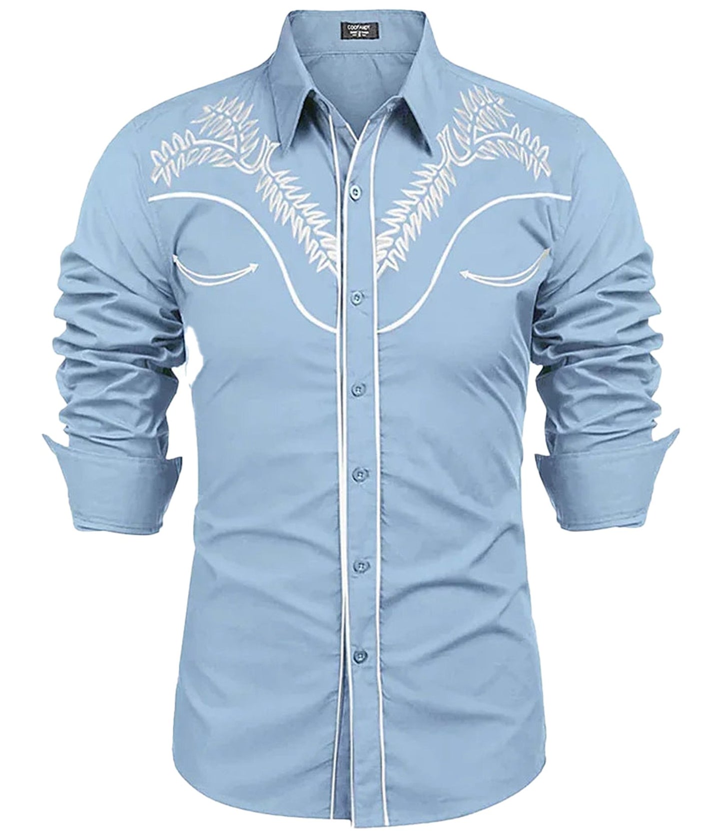 Light blue men's western denim shirt with stylish embroidery and long sleeves from LuckeLadybug LLC