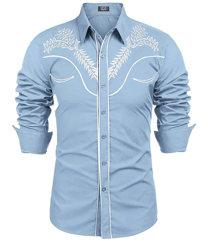 Light blue men's western denim shirt with stylish embroidery and long sleeves from LuckeLadybug LLC
