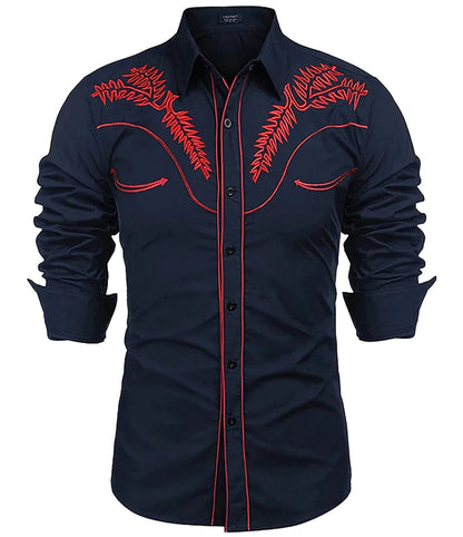 Men's Western Denim Shirt by LuckeLadybug LLC with Red Embroidery and Classic Fit