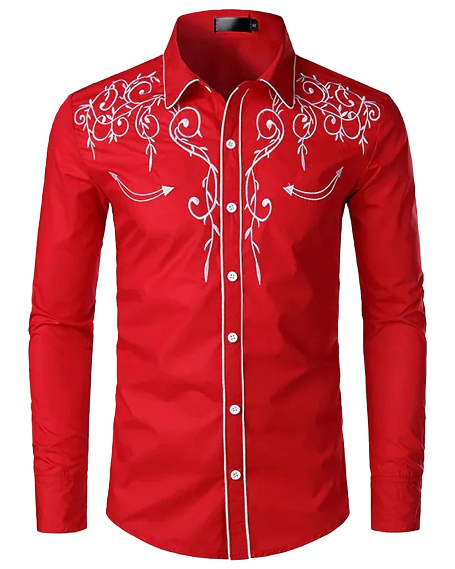 Red men's western denim shirt with embroidered detailing and modern fit for stylish casual wear