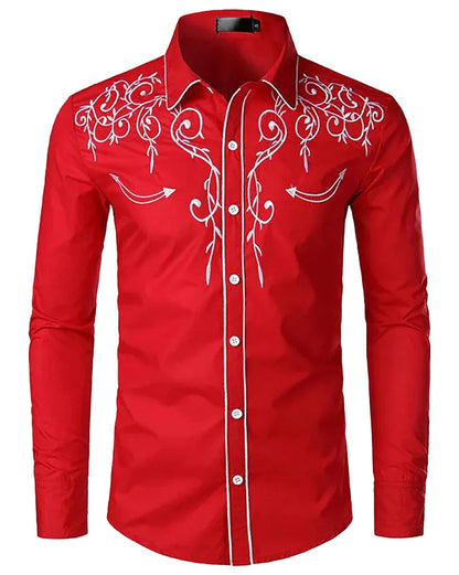 Red men's western denim shirt with embroidered detailing and modern fit for stylish casual wear