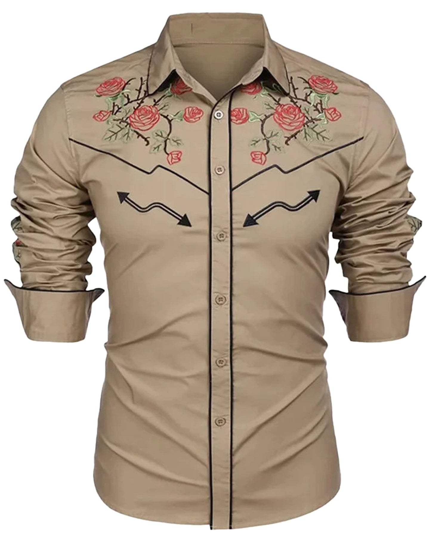 Men's western floral shirt in beige with red rose embroidery and stylish arrow details