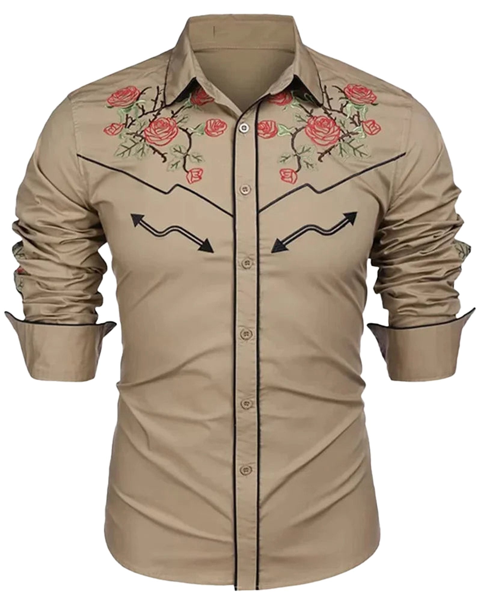 Men's western floral shirt in beige with red rose embroidery and stylish arrow details