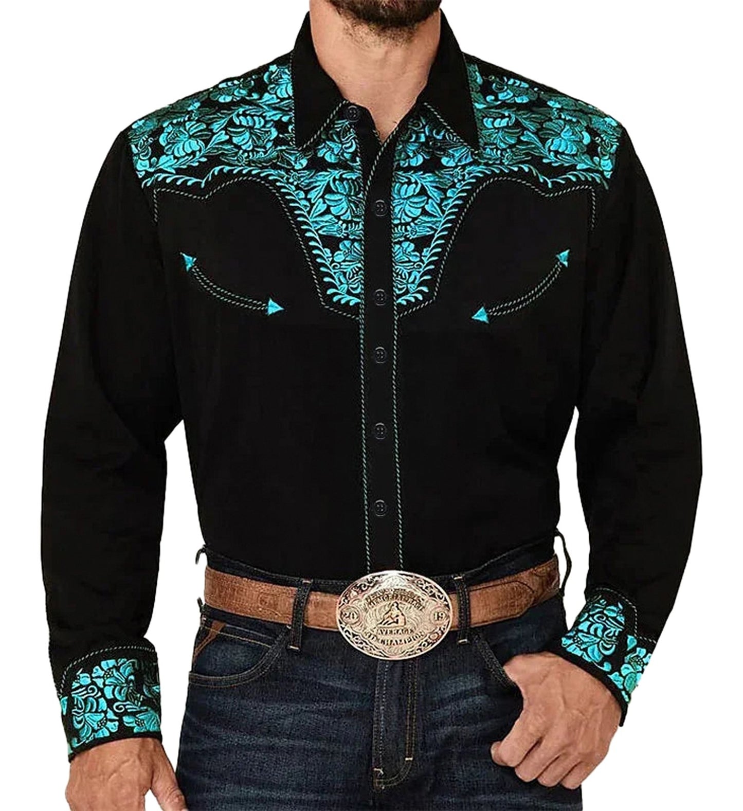 Stylish men's western floral shirt in black with blue floral detailing and vintage design