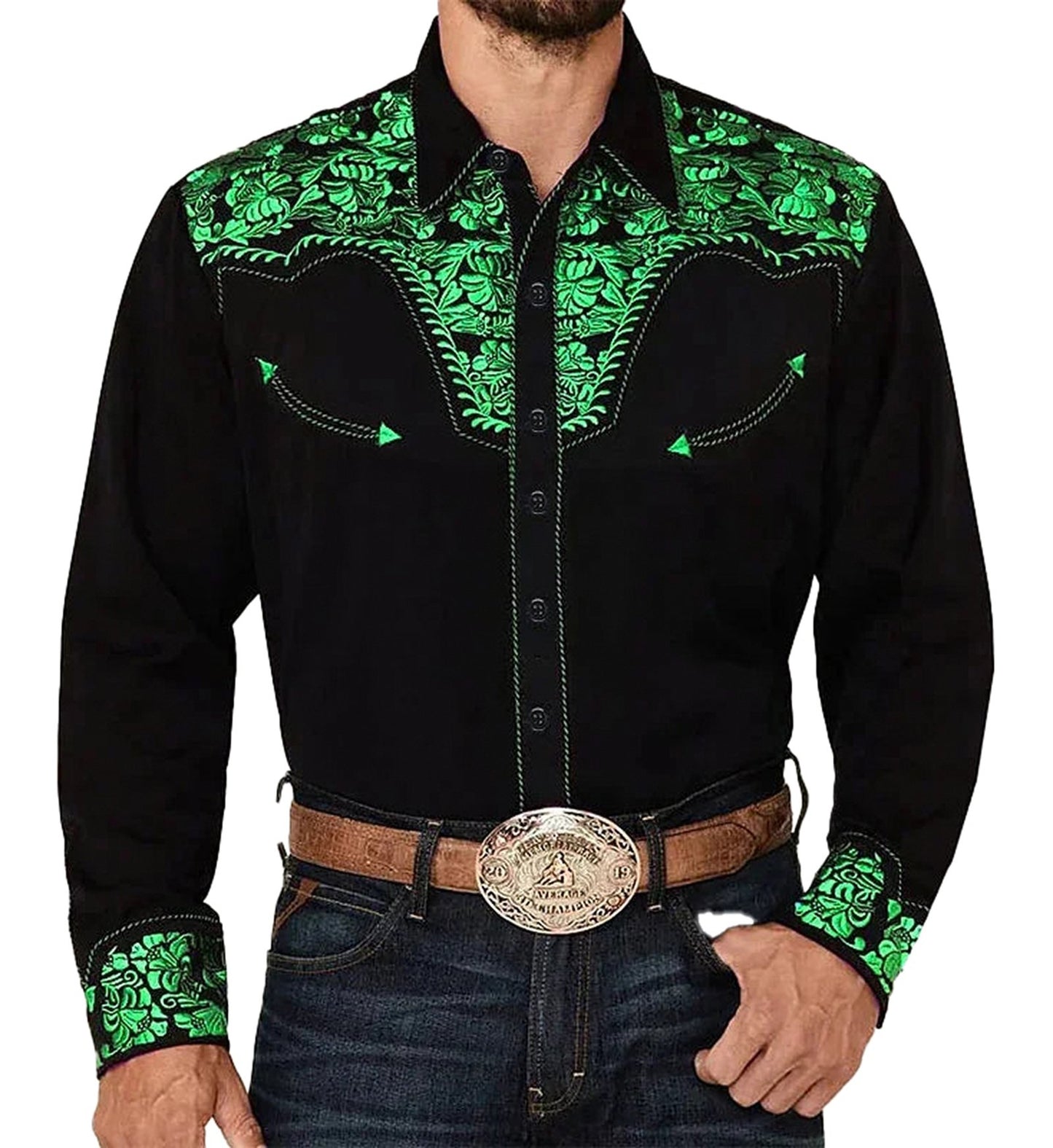 Men's western floral shirt in black with green floral embroidery and classic western styling