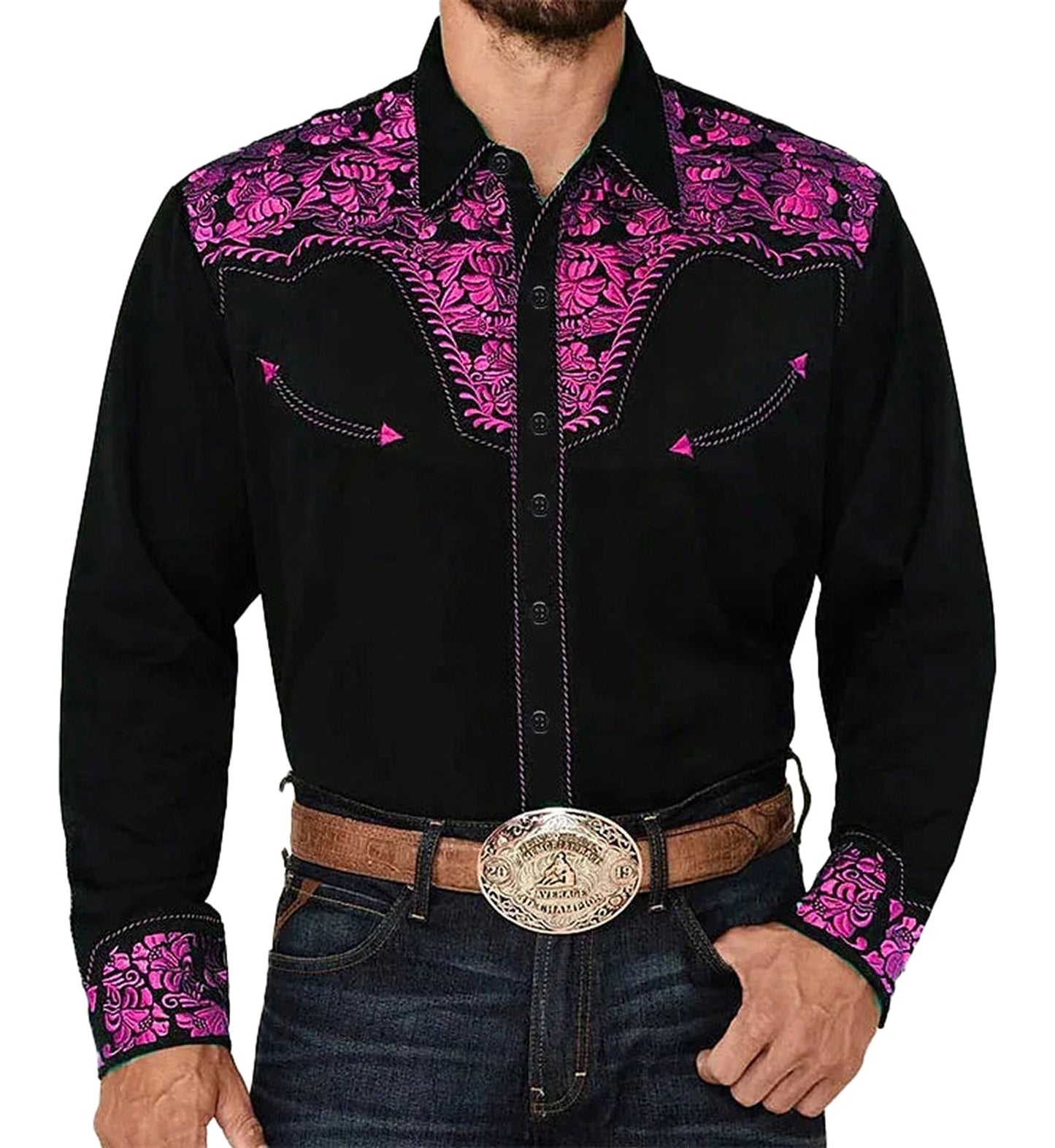 LuckeLadybug men's western floral shirt in black with vibrant pink floral embroidery and snap buttons