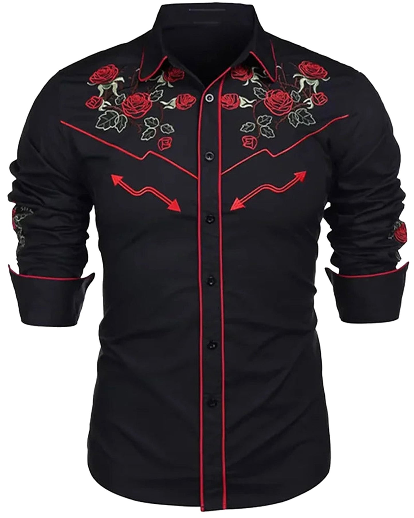 LuckeLadybug men's western floral shirt in black with red floral embroidery and contrasting details
