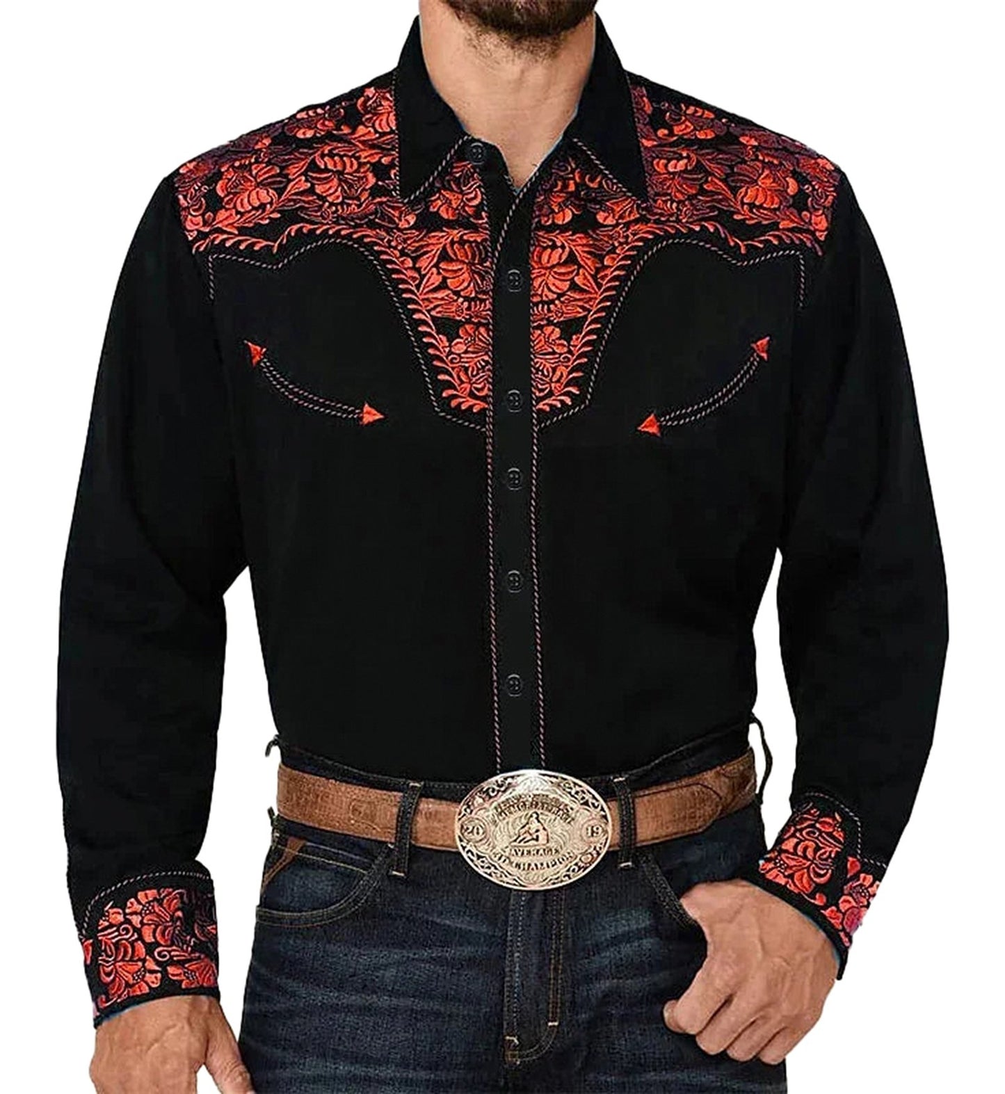 LuckeLadybug men's western floral shirt in black with vibrant red floral embroidery and snap button closure