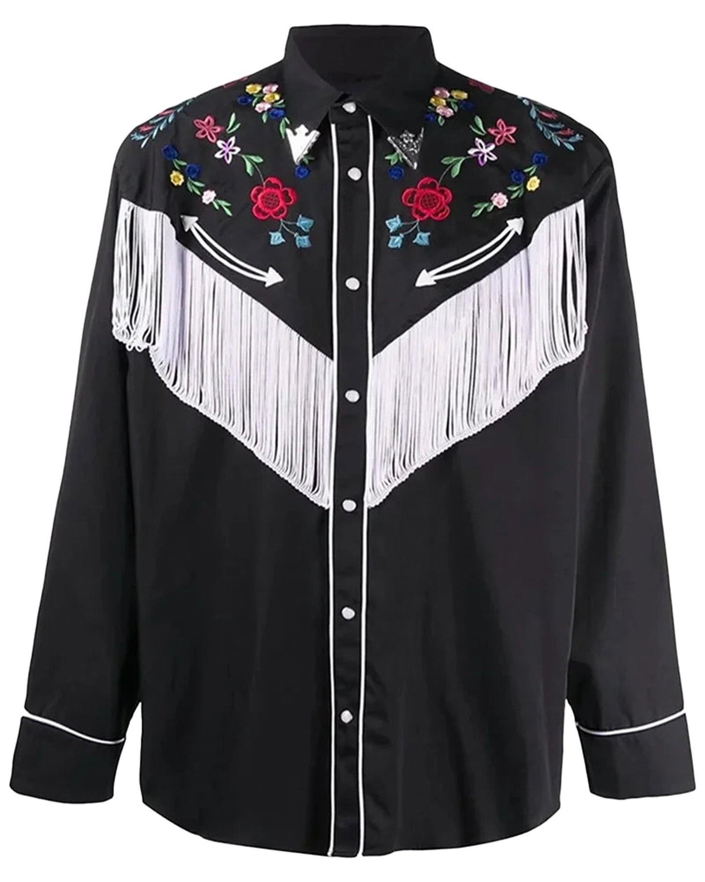 LuckeLadybug LLC men's western floral shirt in black with colorful embroidery and fringe details