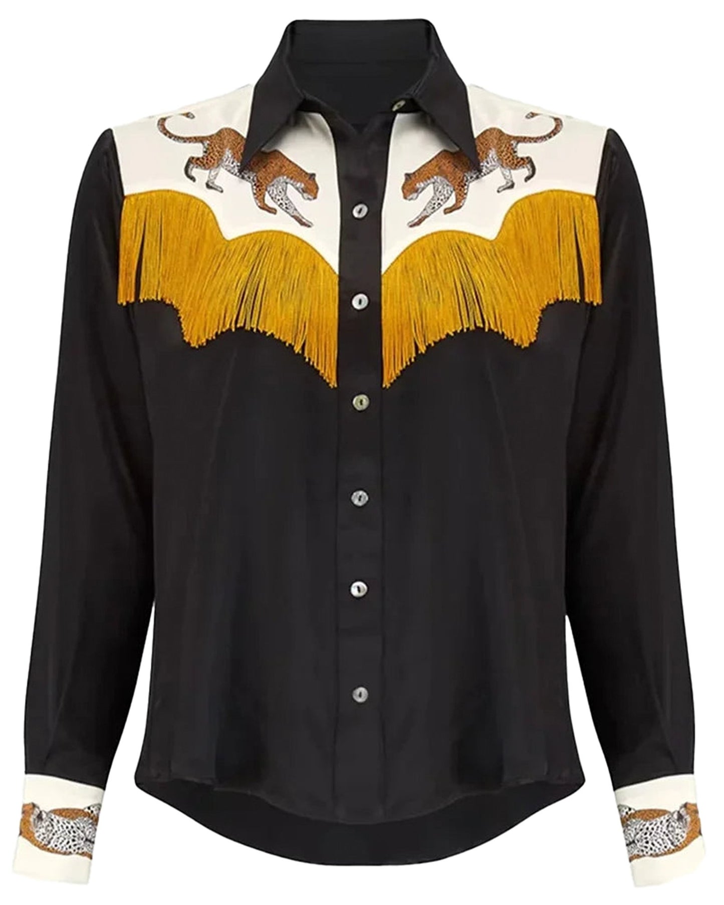 Men's western floral shirt with leopard print and fringe detailing for a stylish cowboy look