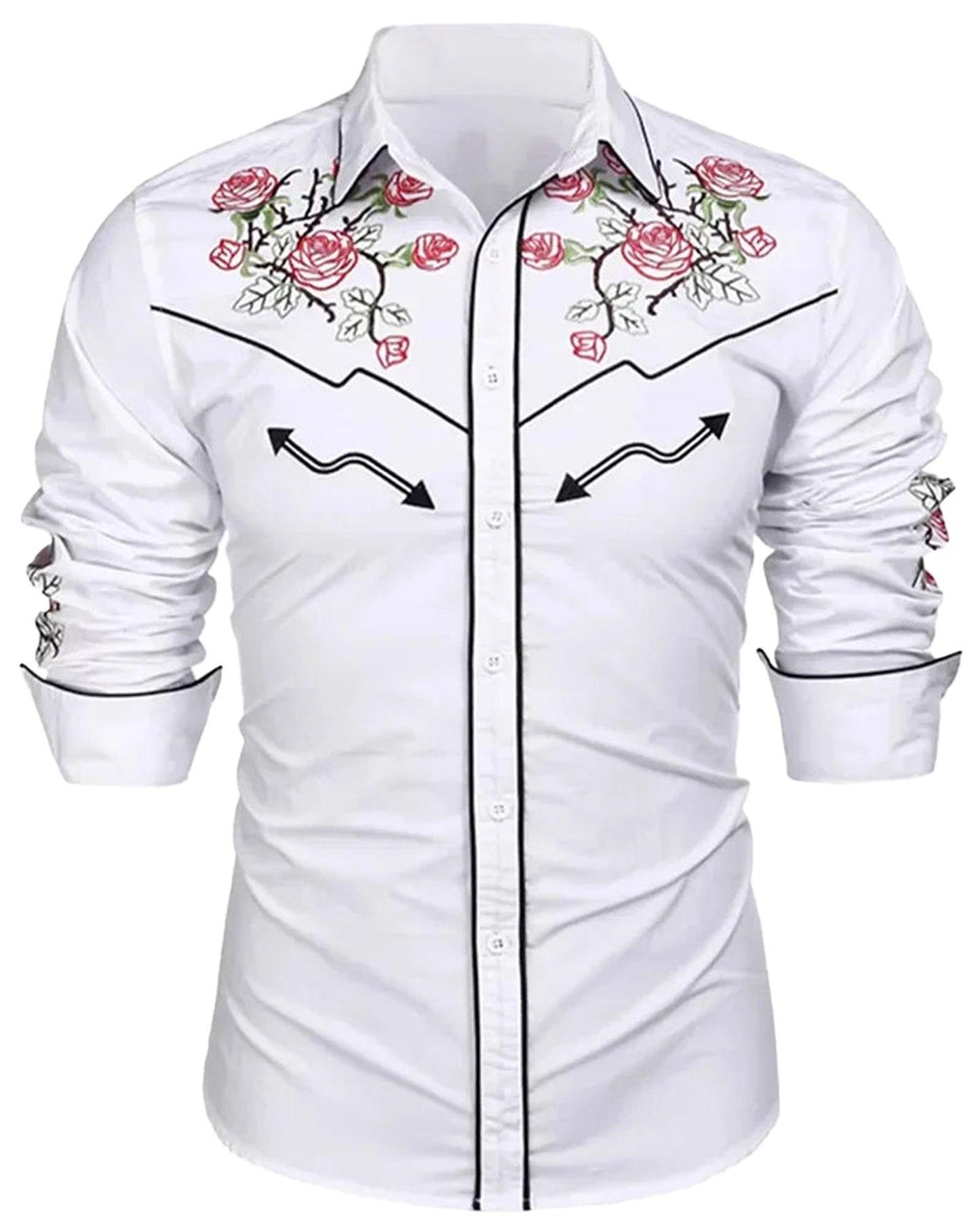 Men's western floral shirt in white with red rose embroidery and stylish black accents