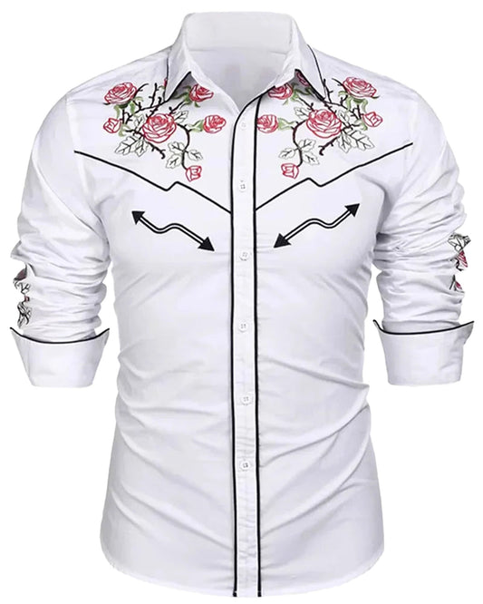 Men's western floral shirt in white with red rose embroidery and stylish black accents