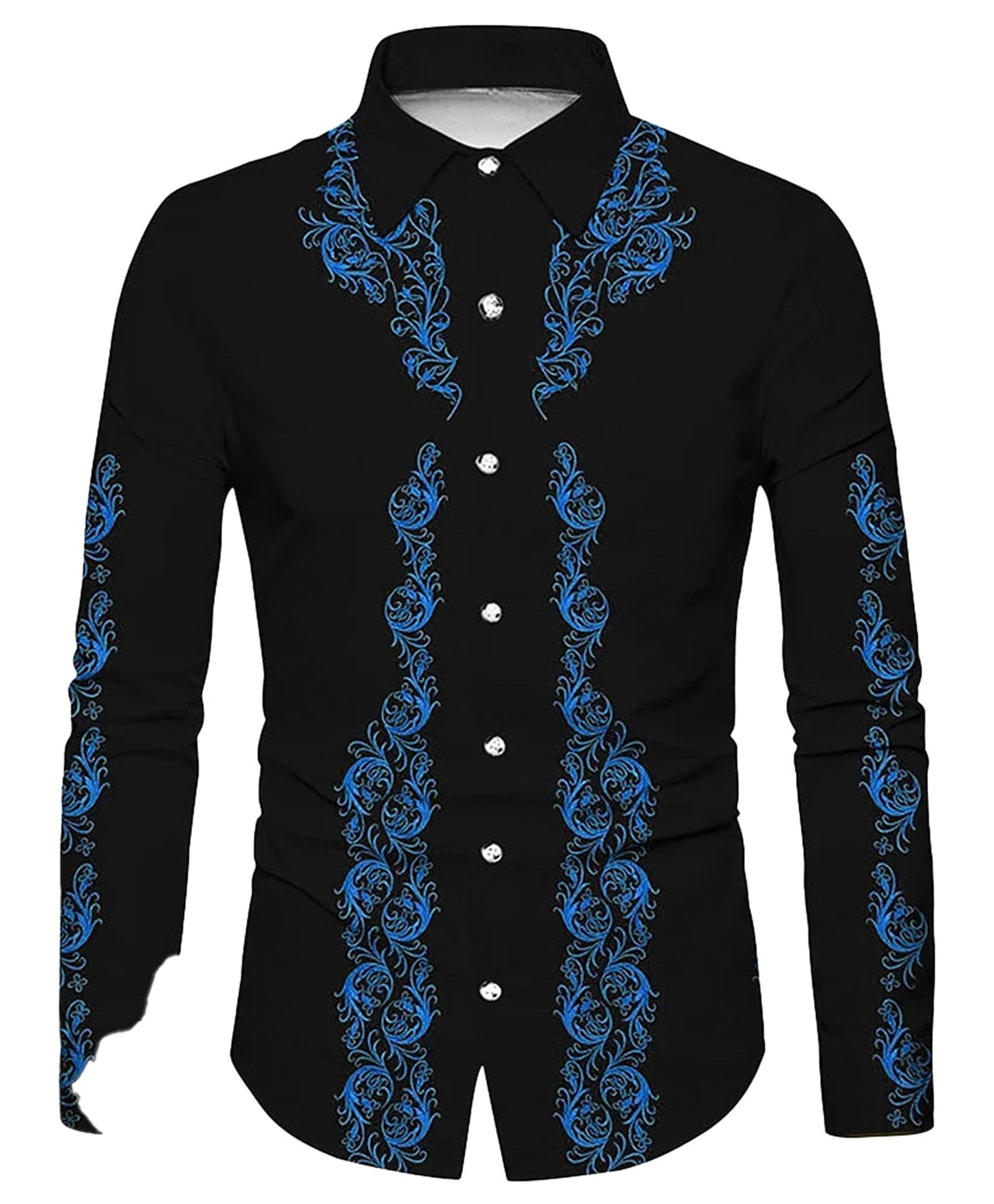 LuckeLadybug LLC mens western flower print shirt in black with blue floral embroidery details
