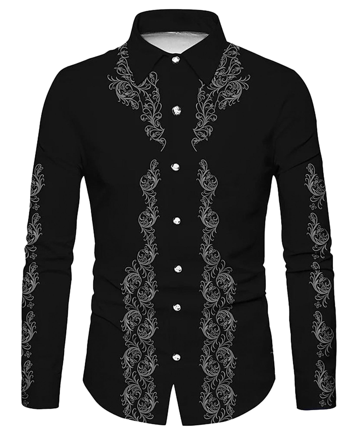 Black mens western flower print shirt featuring intricate floral embroidery and long sleeves
