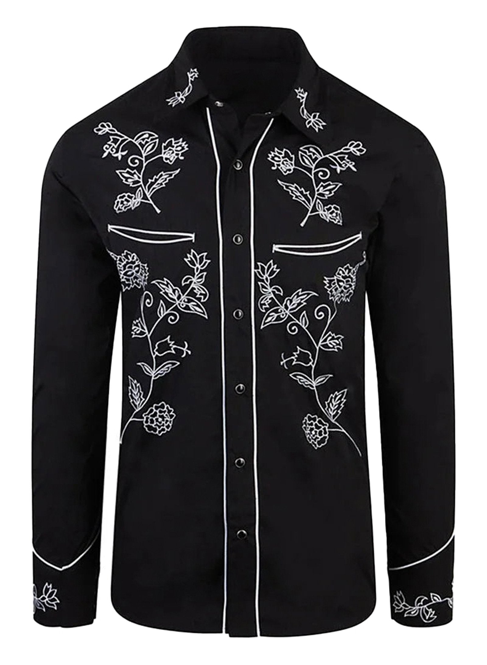 LuckeLadybug LLC mens western flower print shirt in black with detailed floral embroidery
