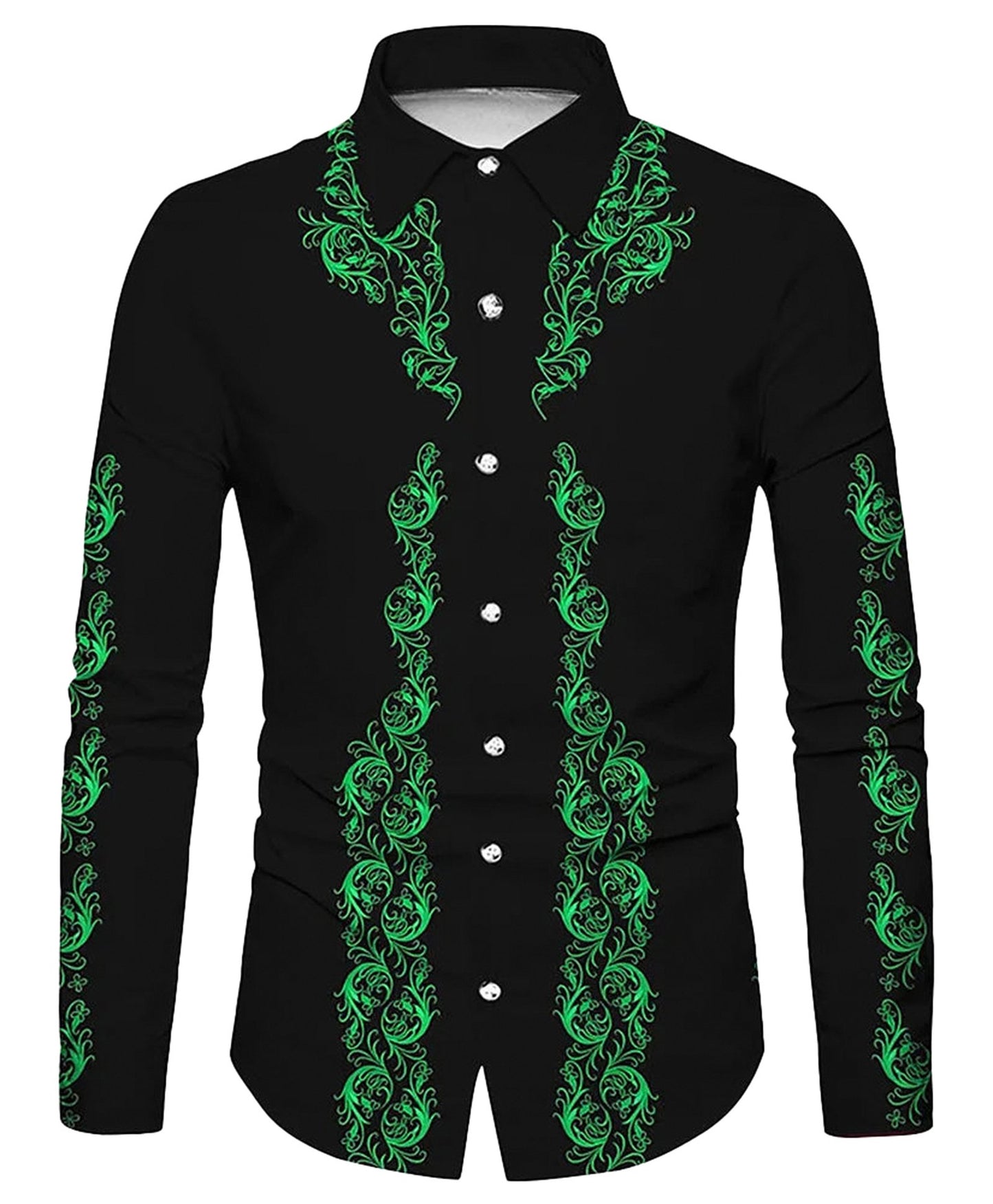 Men's Western flower print shirt in black with vibrant green floral designs and stylish button closure