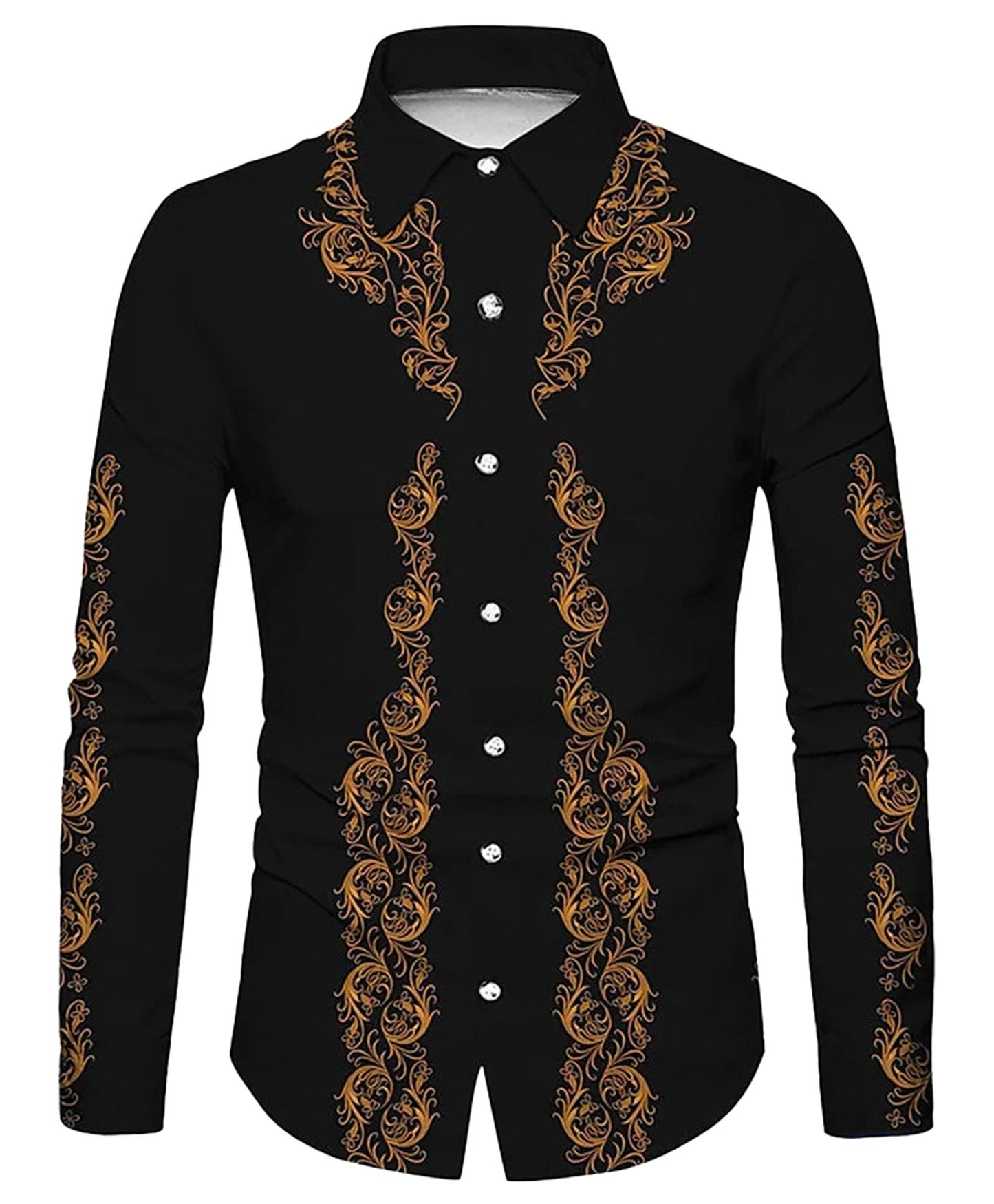 LuckeLadybug mens western flower print shirt in black with intricate golden floral designs