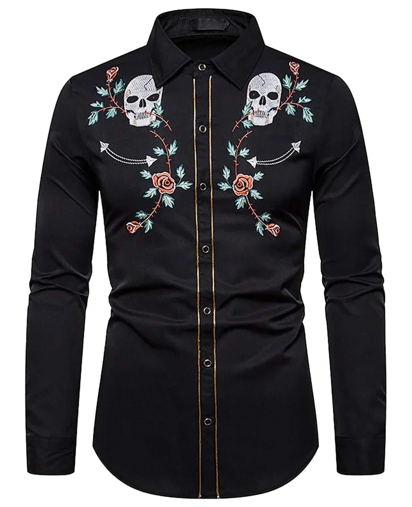 Men's western skull printed shirt with floral embroidery and stylish button-down design