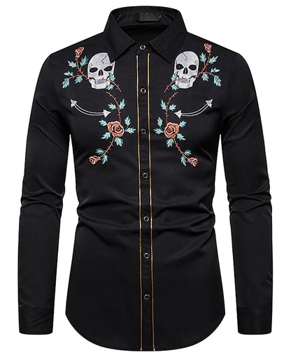 Men's western skull printed shirt with floral embroidery and stylish button-down design