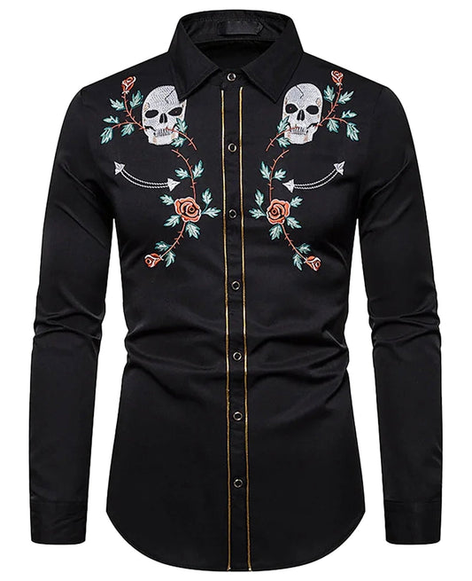 Men's western skull printed shirt with floral embroidery and stylish button-down design