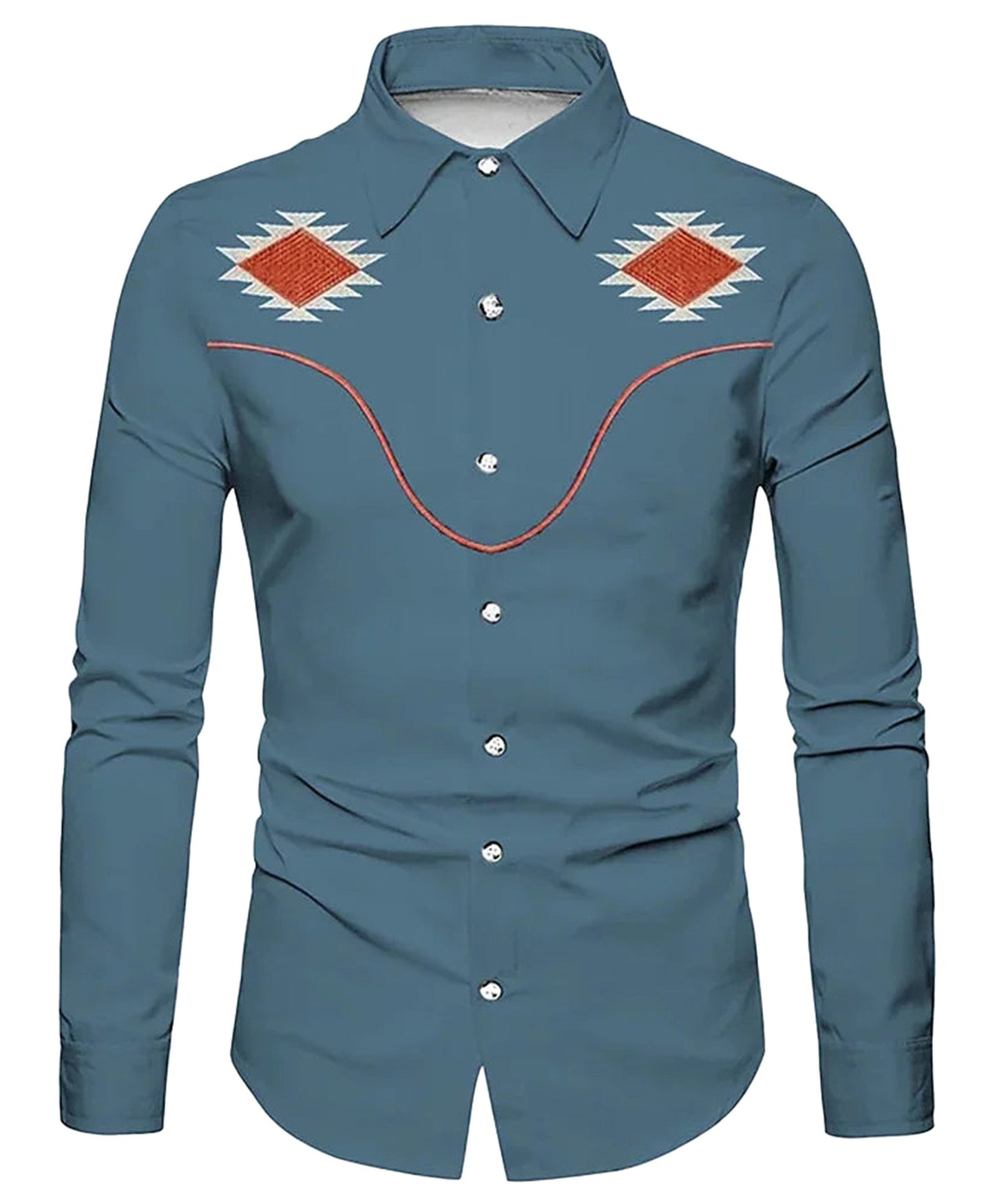 Men's western skull printed shirt in blue with decorative stitching and button-up design