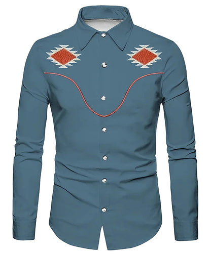 Men's western skull printed shirt in blue with decorative stitching and button-up design