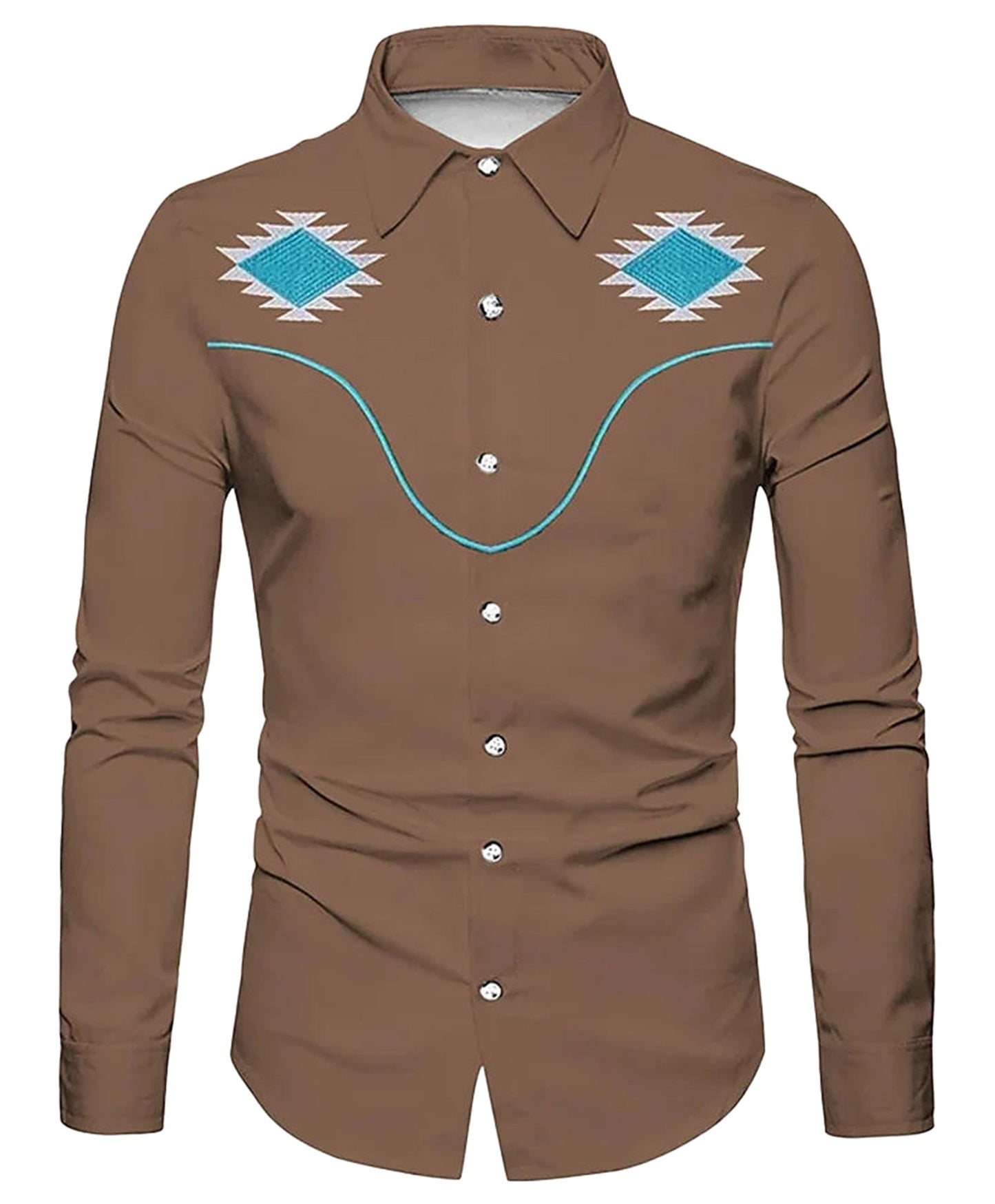 Men's western skull printed shirt in brown with turquoise accents and stylish design details