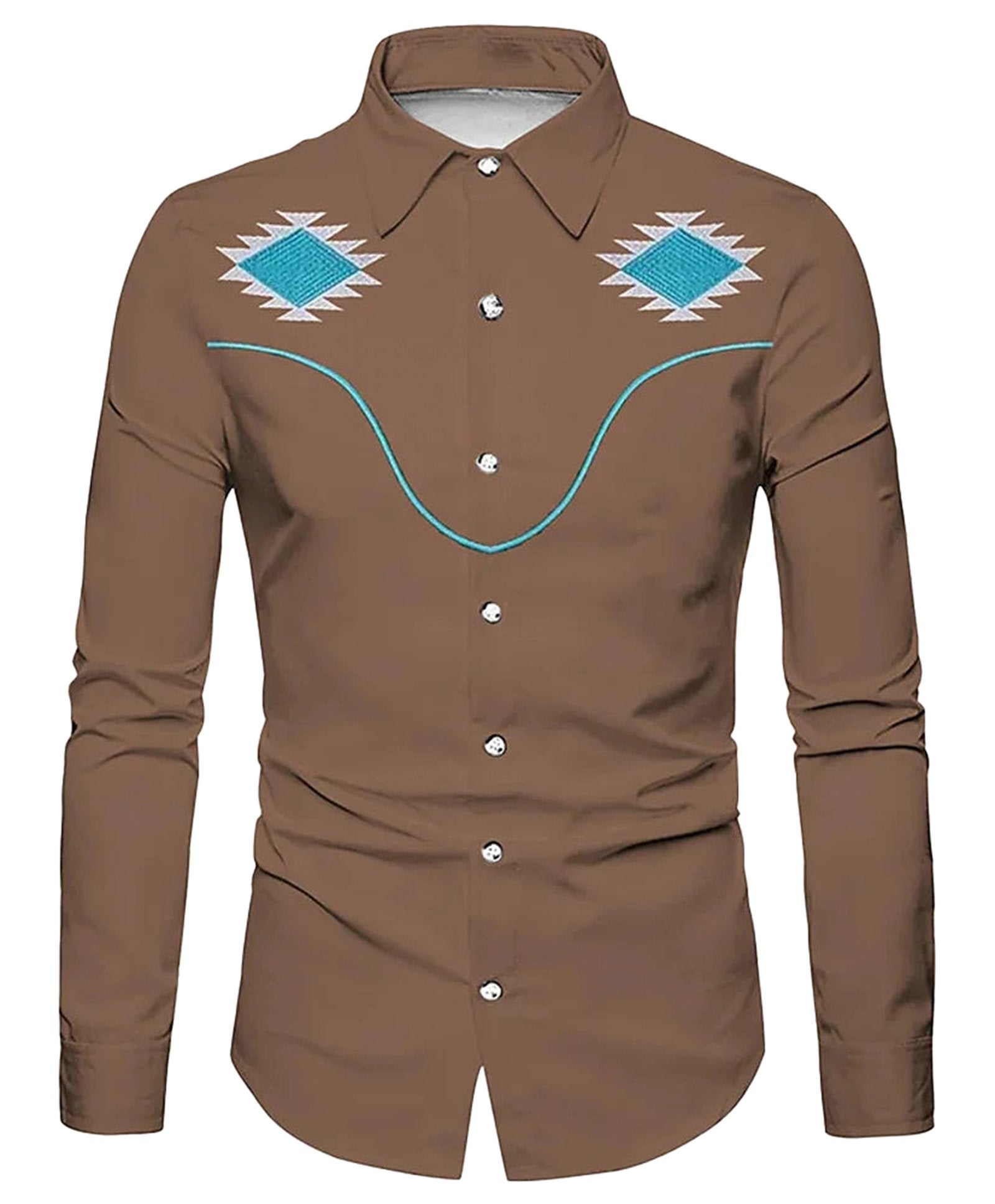 Men's western skull printed shirt in brown with turquoise accents and stylish design details