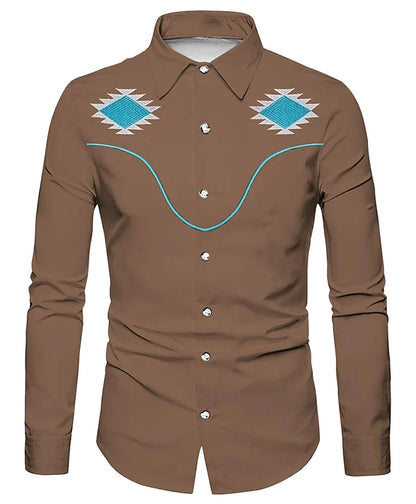 Men's western skull printed shirt in brown with turquoise accents and stylish design details