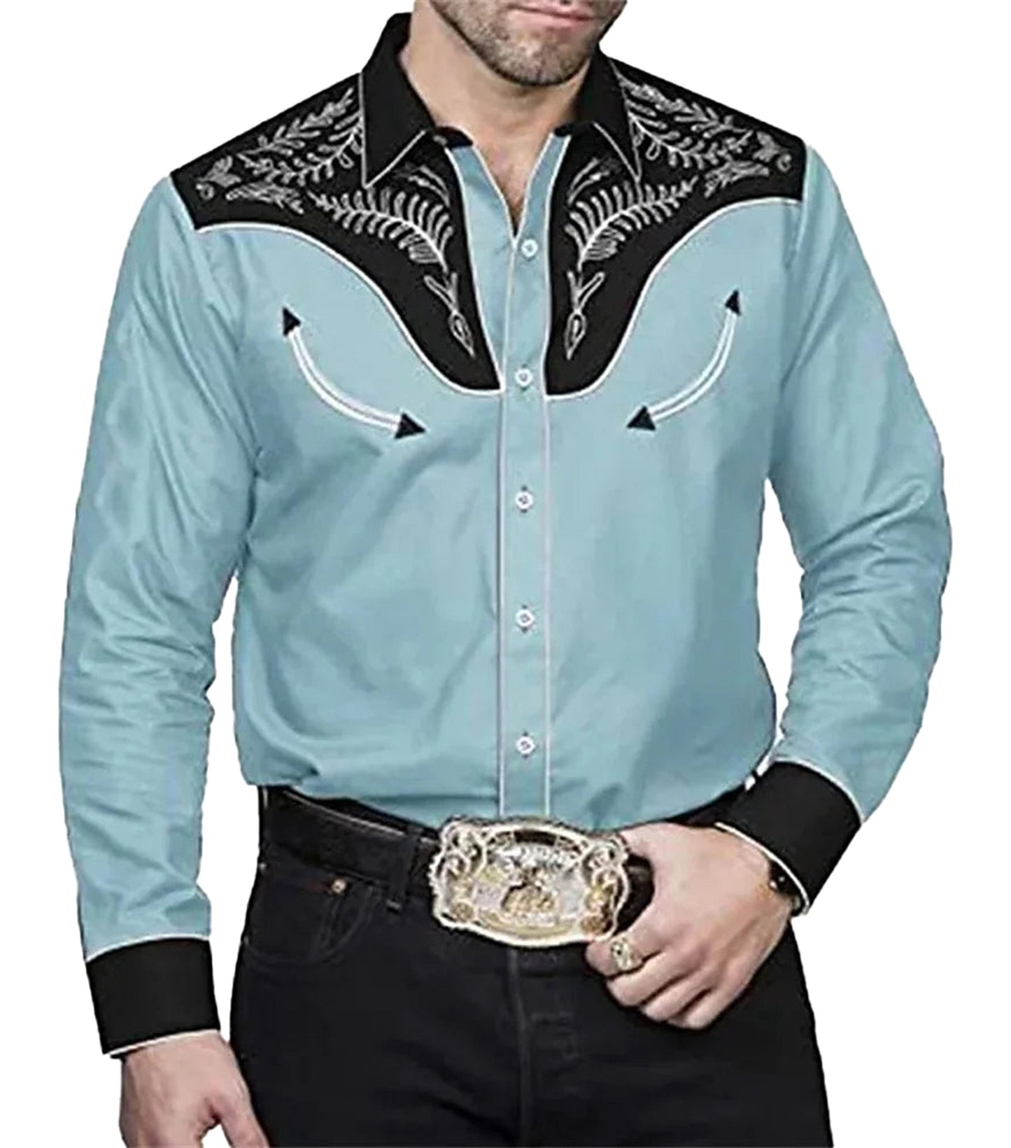 LuckeLadybug men's western skull printed shirt in blue with black embroidered details for a stylish look