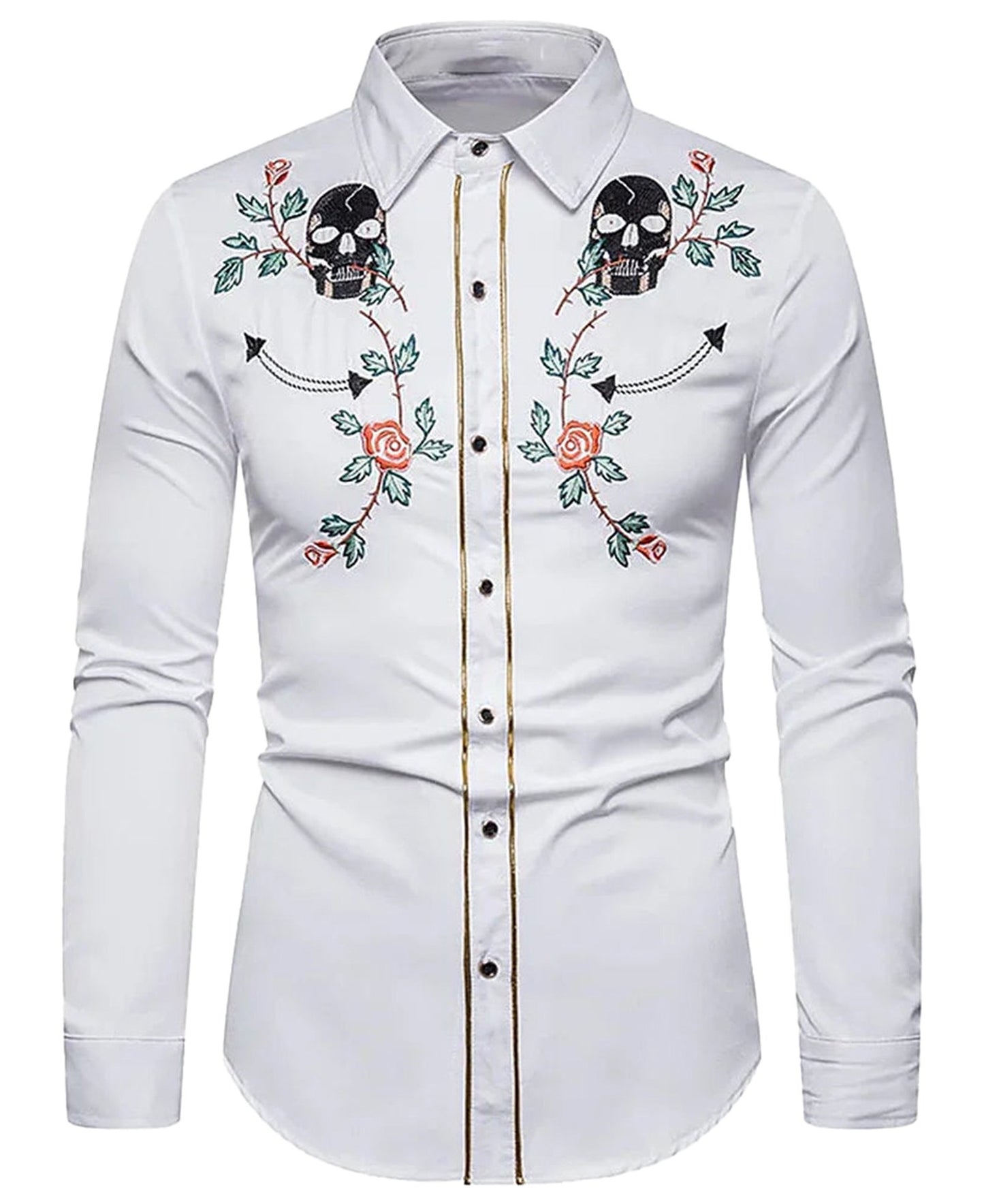 Men's western skull printed shirt with floral embroidery on a white backdrop for a stylish look