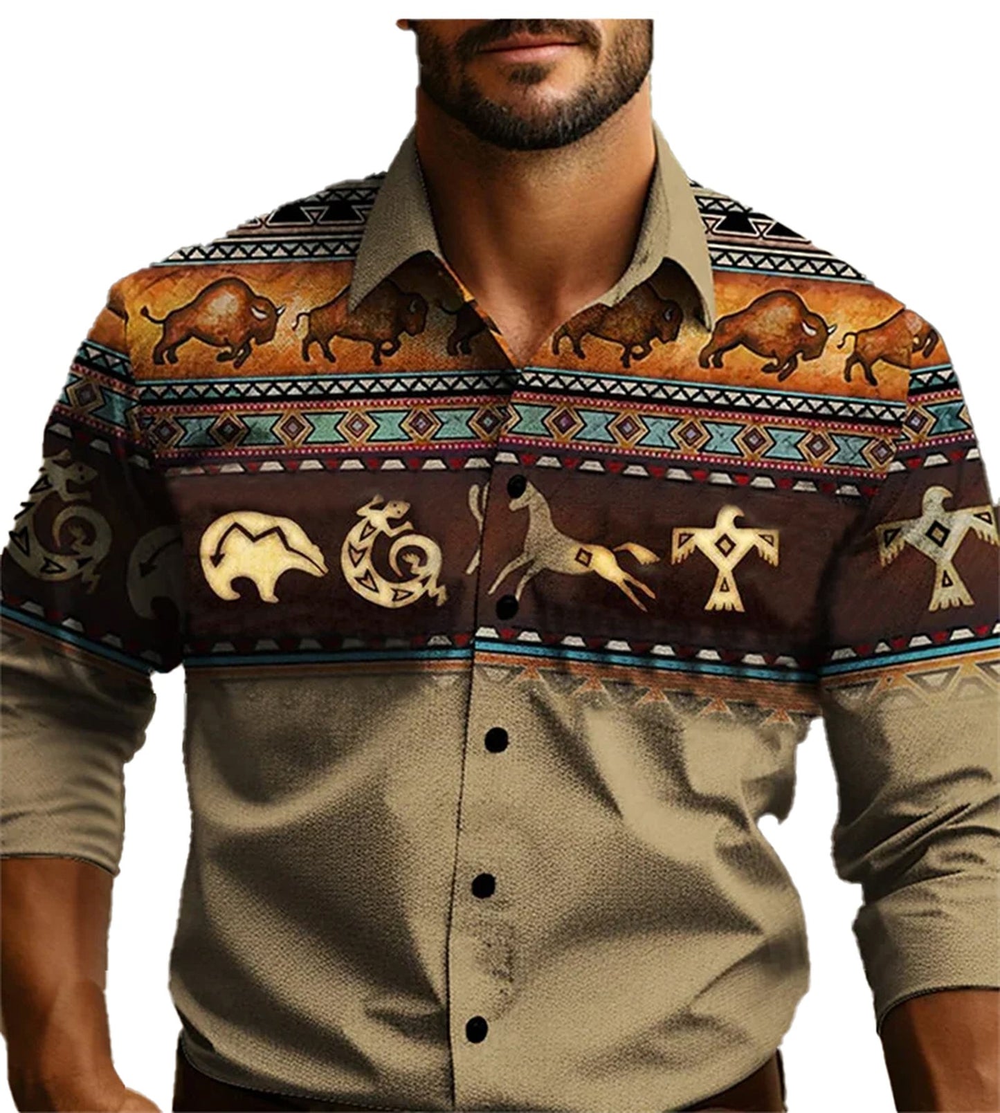 LuckeLadybug LLC mens western tribal shirt featuring bold tribal patterns and earthy tones