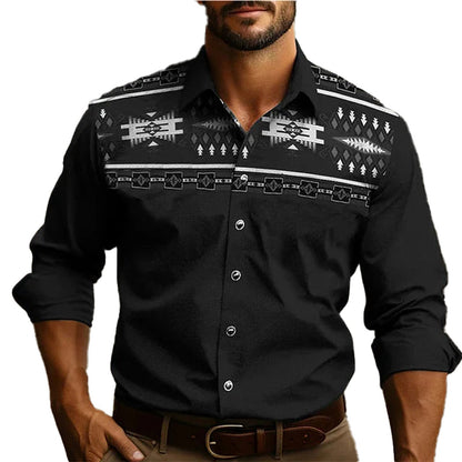 Stylish mens western tribal shirt in black featuring bold tribal patterns across the shoulders