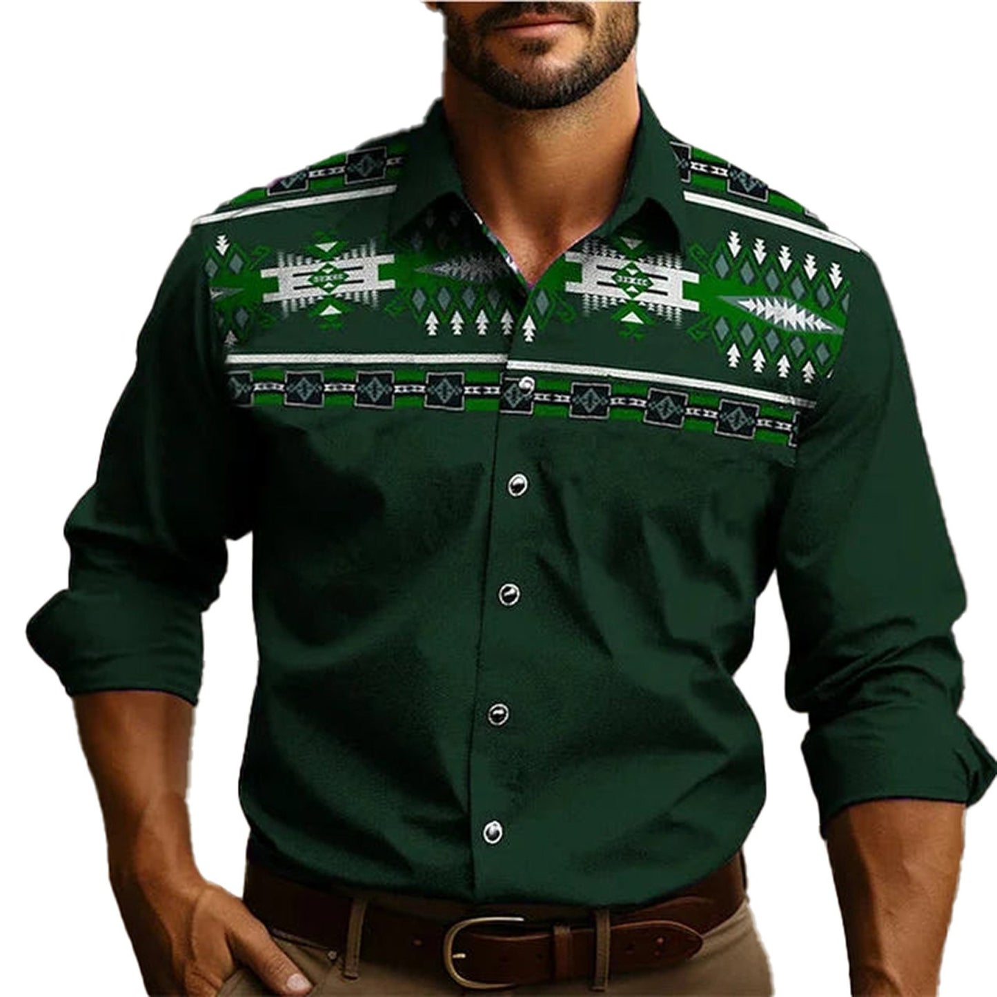 Men's Western Tribal Shirt in Green with Tribal Patterns on the Yoke and Buttoned Front