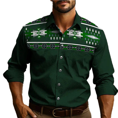 Men's Western Tribal Shirt in Green with Tribal Patterns on the Yoke and Buttoned Front