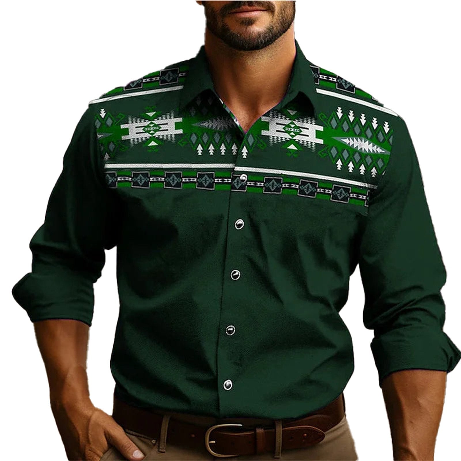 Men's Western Tribal Shirt in Green with Stylish Native-Inspired Patterns and Button Details